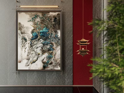 Traditional Chinese Interior With Landscape Painting Hanging Lantern And Green Plants 3d model