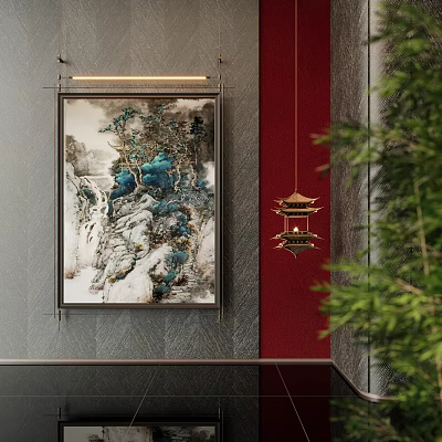 Traditional Chinese Interior With Landscape Painting Hanging Lantern And Green Plants 3d model