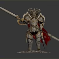 Detailed Fantasy Armored Warrior Holding Long Sword With Red Cape Standing on Stones