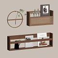 Wooden Wall Decor with Circular Accent Shelves Magazines Golden Kettle and Green Plant
