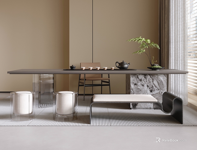 Modern Tea Table and Chairs with Wooden Chair Stools Tea Set and Green Plant 3d model 