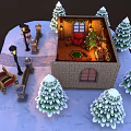 Cartoon Christmas Scene With Cozy Cottage Snowman Sleigh And Pine Trees