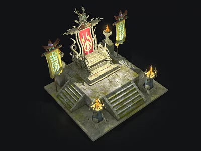 Cartoon Style Throne Scene With Decorative Steps Torches And Banners 3d model