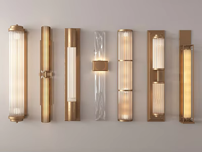 Stylish Wall Sconces On White Wall With Various Glass And Metal Designs 3d model