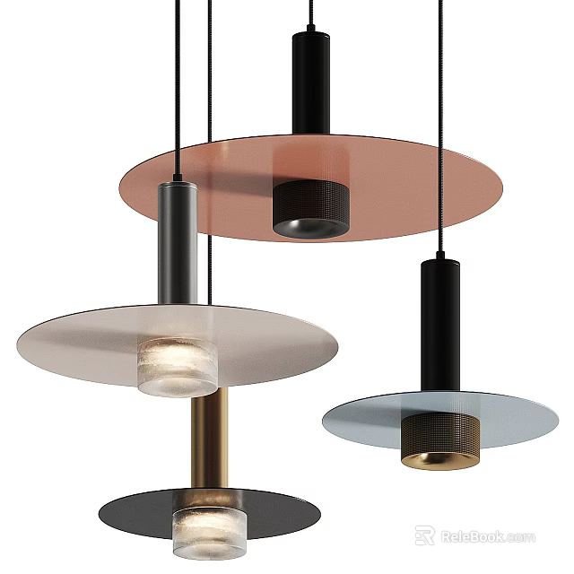 Modern Pendant Lights With Disc Shaped Shades Copper Black Light Metallic Bases And Illuminated Glass 3d model 