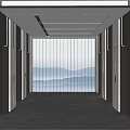 Modern Elevator Hallway With Elevator Doors Ceiling Lights Dark Flooring And Scenic View Through Window