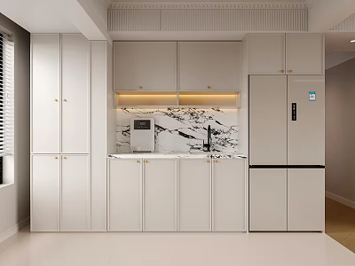 Modern Kitchen Interior Design With White Cabinets Marble Backsplash Built-in Appliances And Refrigerator 3d model
