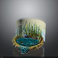 Blue Heron Standing In Pond With Green Reeds And Purple Water Lilies