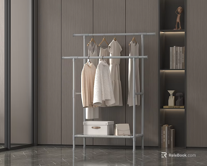 Modern Metal Clothes Rack With Light Colored Clothes In Minimalist Interior Design 3d model 