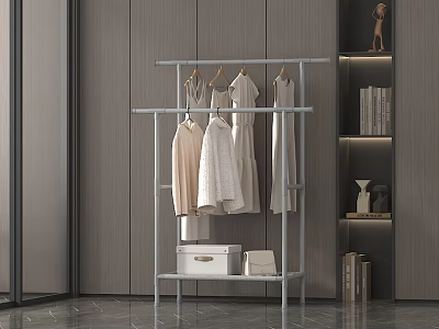 Modern Metal Clothes Rack With Light Colored Clothes In Minimalist Interior Design 3d model