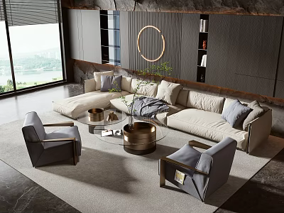 Modern Sofa And Coffee Table Set With Beige Upholstery Glass Top And Grey Accent Chairs 3d model