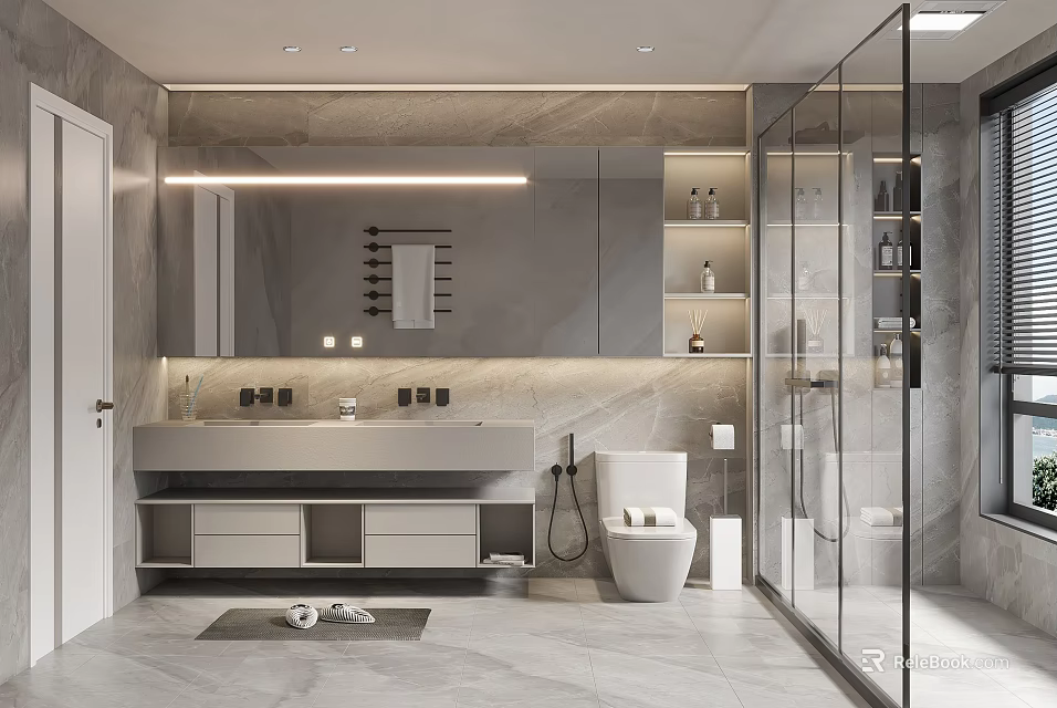 Modern Minimalist Bathroom Interior With Large Mirror Double Vanity And Glass Shower 3d model 
