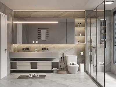 Modern Minimalist Bathroom Interior With Large Mirror Double Vanity And Glass Shower 3d model