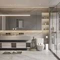Modern Minimalist Bathroom Interior With Large Mirror Double Vanity And Glass Shower