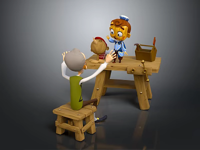 Old Man And Little Character Interacting With Small Creature On Wooden Workbench With Tools 3d model