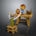 Old Man And Little Character Interacting With Small Creature On Wooden Workbench With Tools
