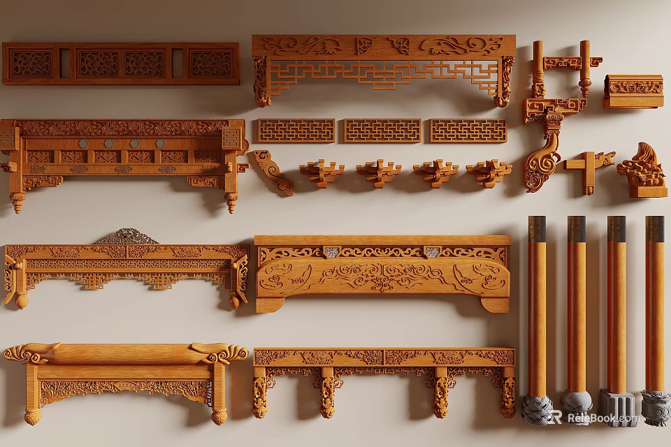 Traditional Chinese Wooden Architectural Components With Intricate Carvings And Ornate Patterns 3d model 