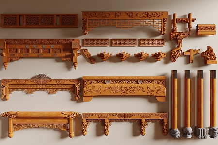 New Chinese style carved cross beam wooden beam ancient building component column arch 3d model