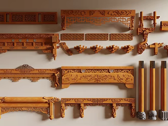 New Chinese style carved cross beam wooden beam ancient building component column arch 3d model