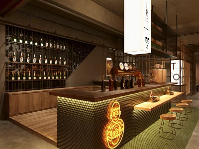 Modern Bar Interior Design With Wine Racks Counter Stools And Hanging Lights 3d model