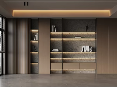 Modern Built in Bookcase with LED Lighting and Wooden Stone Shelves in Minimalist Interior 3d model