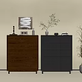 Poliform Entryway Cabinet And Side Cabinet In Brown Dark Gray With Decorative Vase And Branches