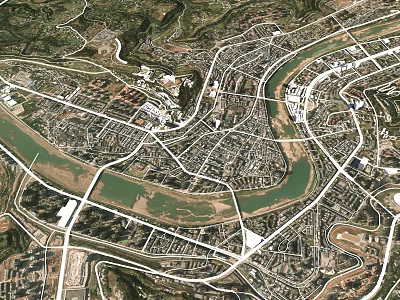 Detailed Aerial Planning of Urban Layout with River Road Network and Buildings 3d model