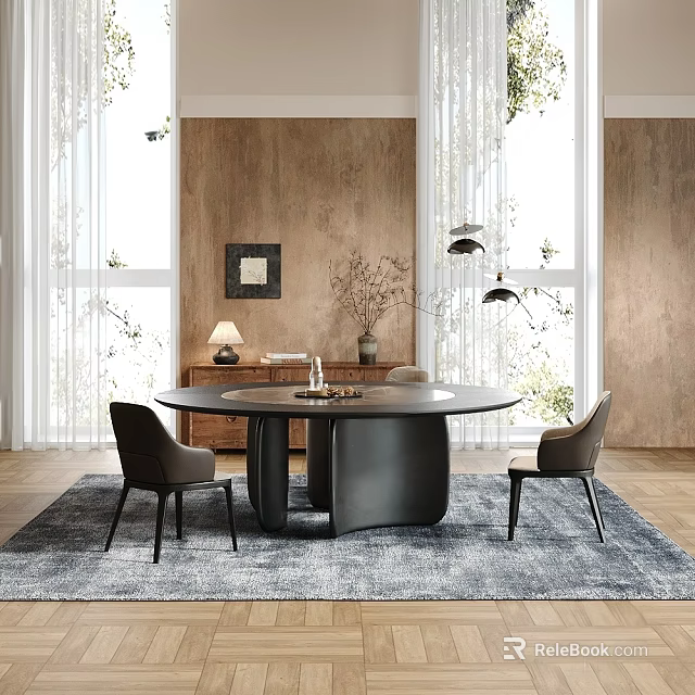 Modern Round Dining Table Set With Chairs Wooden Wall Windows And Decorative Plant 3d model 