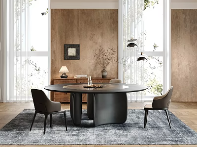 Modern Round Dining Table Set With Chairs Wooden Wall Windows And Decorative Plant 3d model