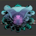 3D Anime Character Model With Teal Purple Curly Hair And Green Ruffled Dress