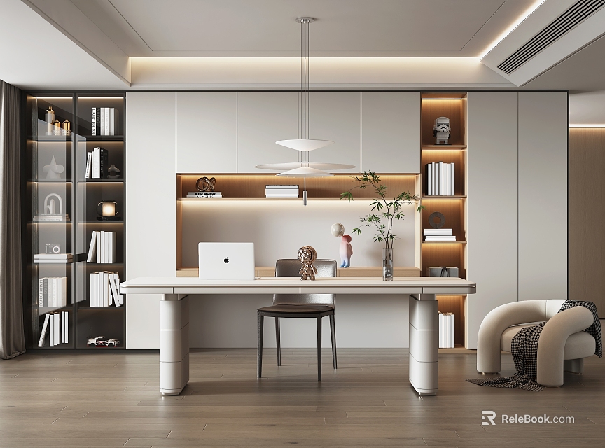 Modern Study Room Interior With Wooden Desk Laptop Bookshelves Chair And Pendant Light 3d model 