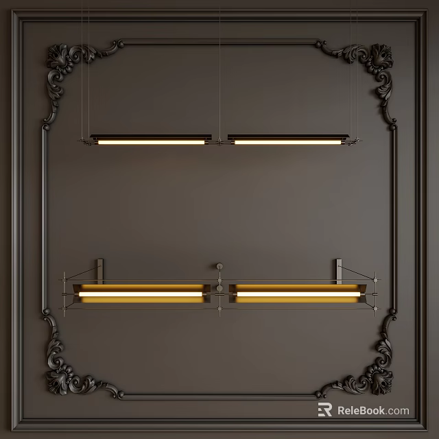 Gray Wall Interior With Two Rows Linear Pendant Lights Black Carved Borders White Yellow Light 3d model 