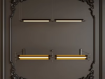 Gray Wall Interior With Two Rows Linear Pendant Lights Black Carved Borders White Yellow Light 3d model