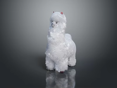 Stuffed White Alpaca Toy with Fluffy Fur Red Ears on Gray Background and Surface Reflection 3d model