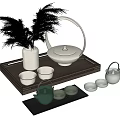 Elegant Tea Set with Wooden Tray White Teapot Green Teacups White Vase and Black Mat
