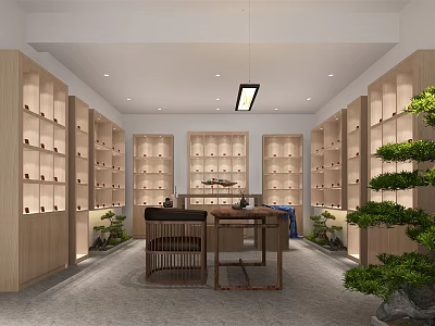 Chinese Style Specialty Store Interior With Wooden Shelves Display Cabinets Central Table And Green Plants 3d model