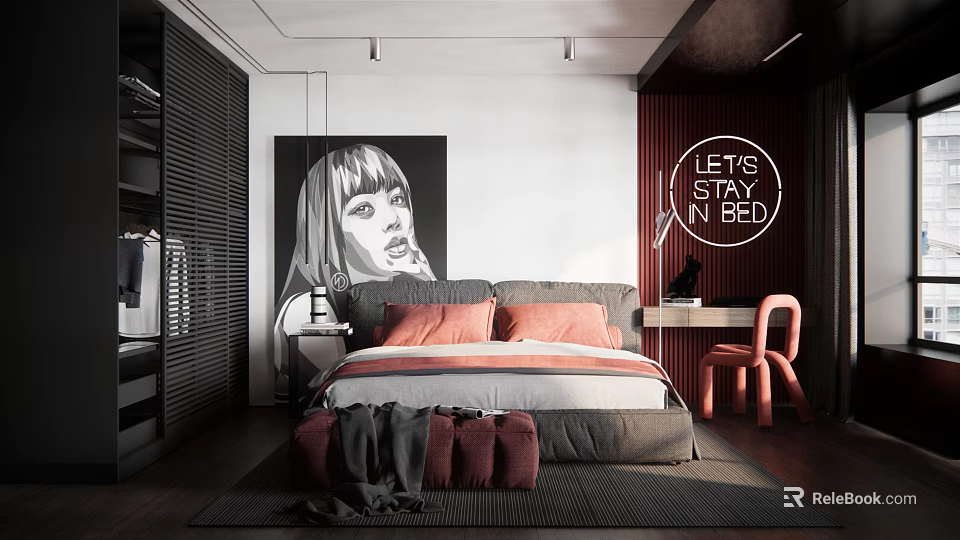Modern Bedroom Interior With Black And White Portrait Orange Pillows Neon Sign And Pink Chair 3d model 