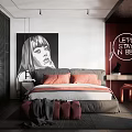 Modern Bedroom Interior With Black And White Portrait Orange Pillows Neon Sign And Pink Chair