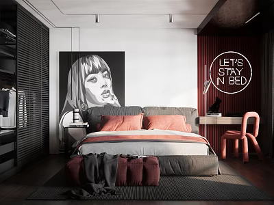 Modern Bedroom Interior With Black And White Portrait Orange Pillows Neon Sign And Pink Chair 3d model