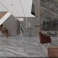 Modern Living and Dining Room Interior With Marble Counter Wooden Cabinets And Chandelier