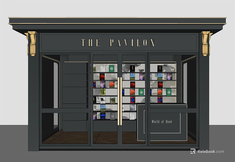 The Pavilion Store Black Facade With Golden Decorative Columns Glass Doors And Colorful Product Shelves 3d model 
