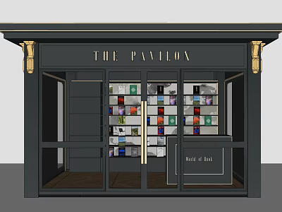 The Pavilion Store Black Facade With Golden Decorative Columns Glass Doors And Colorful Product Shelves 3d model
