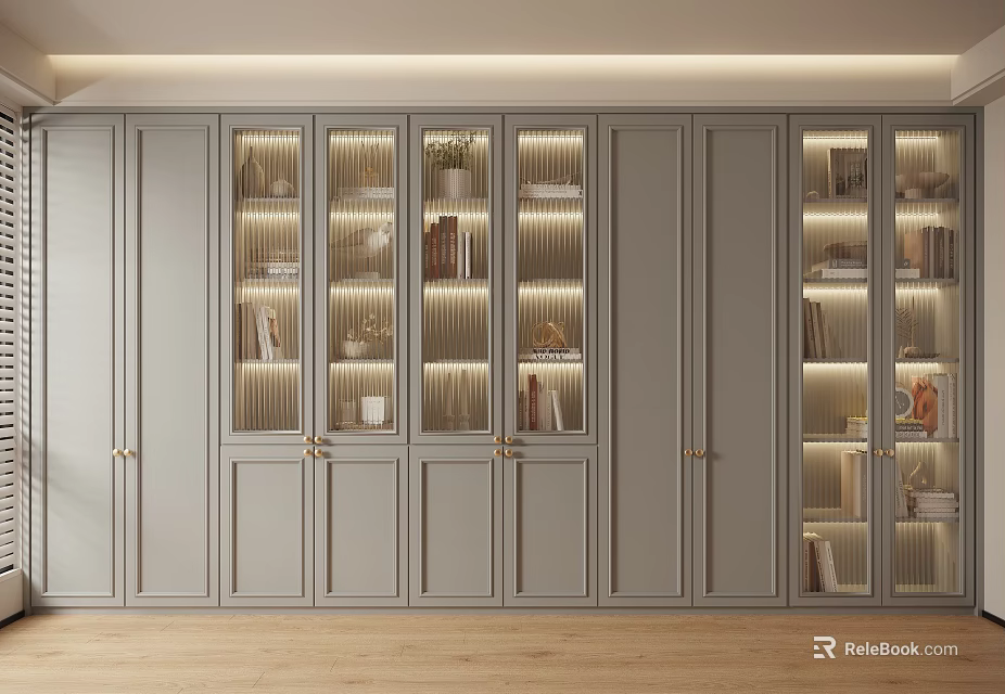 Modern Light Gray Bookcase With Glass And Wooden Doors Built-in Lighting Books Decorations And Plants 3d model 