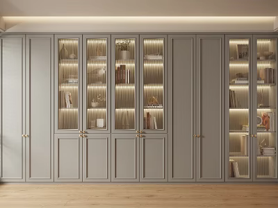 Modern Light Gray Bookcase With Glass And Wooden Doors Built-in Lighting Books Decorations And Plants 3d model