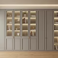 Modern Light Gray Bookcase With Glass And Wooden Doors Built-in Lighting Books Decorations And Plants