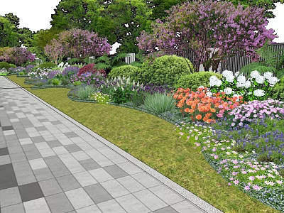 Beautiful Garden Landscape With Paved Pathway Diverse Flowers Hedges And Trees 3d model