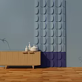 Wooden Console And Side Cabinet With Light Gray Wall Tree Shadow And Circular Pattern Decor