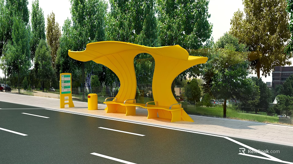 Yellow Bus Stop Shelter With Seats And Green Trees In Urban Street 3d model 
