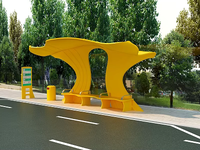 Yellow Bus Stop Shelter With Seats And Green Trees In Urban Street 3d model