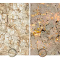 Elegant Background Wall With Golden Veined Marble And Spherical Decorations In Warm Lighting